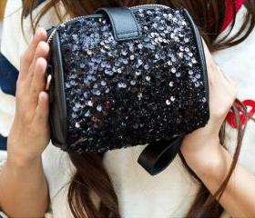 Retro Black Sequins Packet Clutch Bag Camera Bag Diagonal Bag