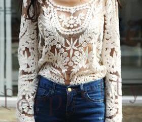 Semi Sheer See Through Sleeve Embroidery Floral Lace Crochet T -Shirt