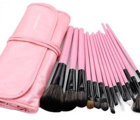 High Quality 15 PCS Professioal Makeup Brush Set With Black Leather Case - Pink